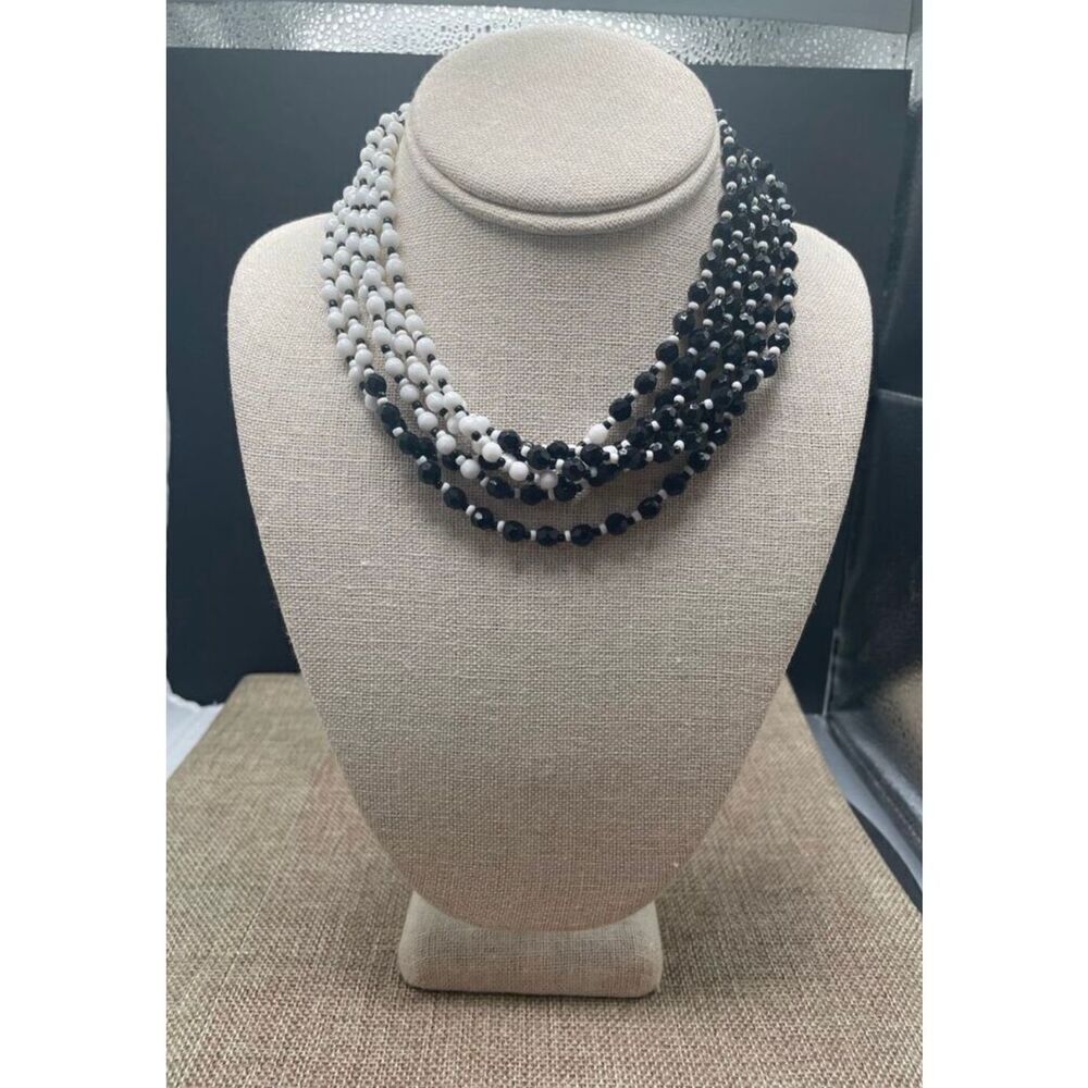 Vintage Miriam Haskell Multi-Strand Black & White Glass Bead Necklace